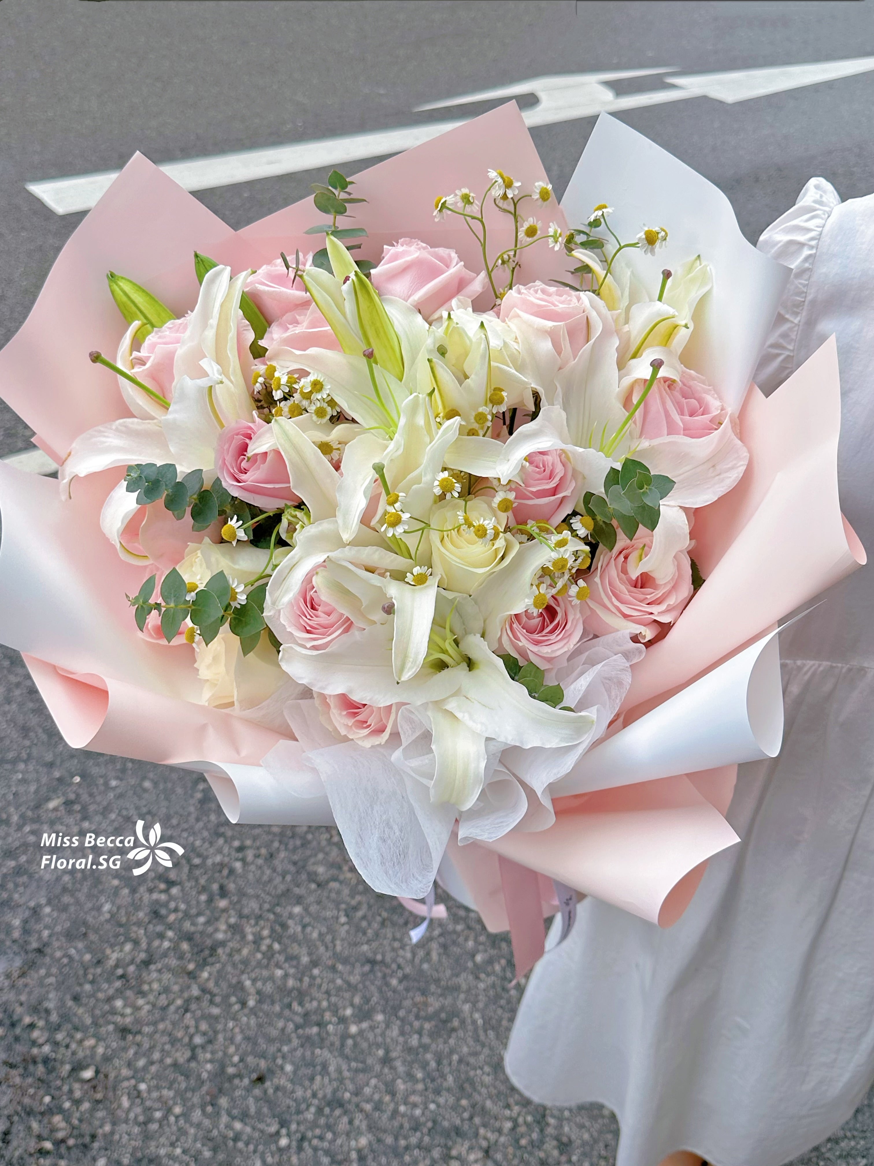white roses and pink lilies Korea style pink rose with lily Flower Bouquet – missbeccafloralsg