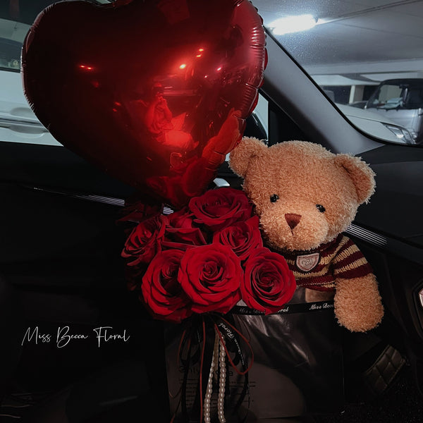 Red Rose Flower Box With Balloon And Bear