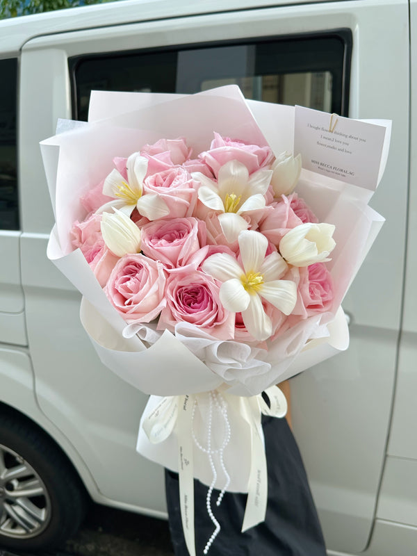 korea s tyle Fresh Pink Lychee Rose Tulip Flower Bouquet