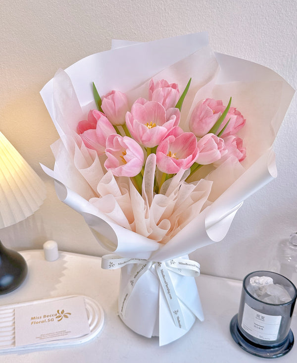 Korea style holland pink color tulip flower 9 stalks flower bouquet