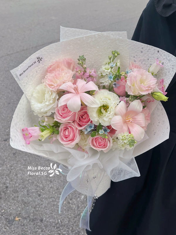 Korea style fresh rose with tulip & eustoma flower bouquet