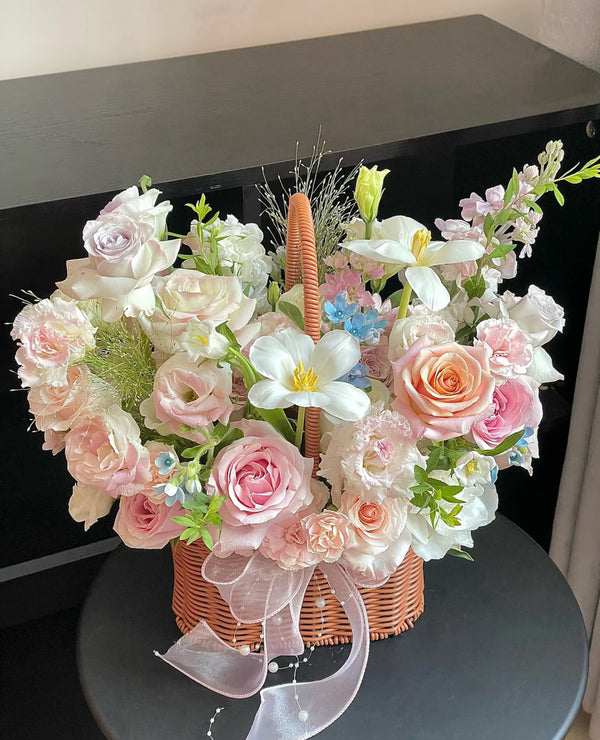 Korea style pink and white flower basket fresh flower