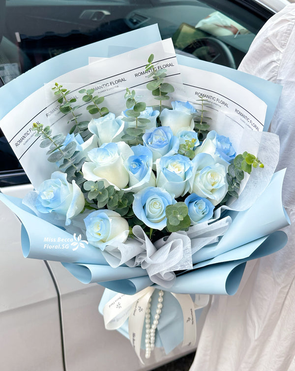 Korea style ice blue rose flower bouquet fresh flower bouquet 15 stalks rose