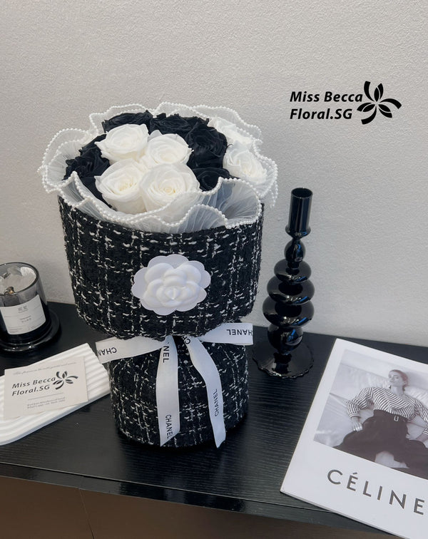 C style preserved rose white and black rose bouquet