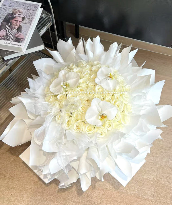 Pure white 52 stalks white rose with orchid bouquet