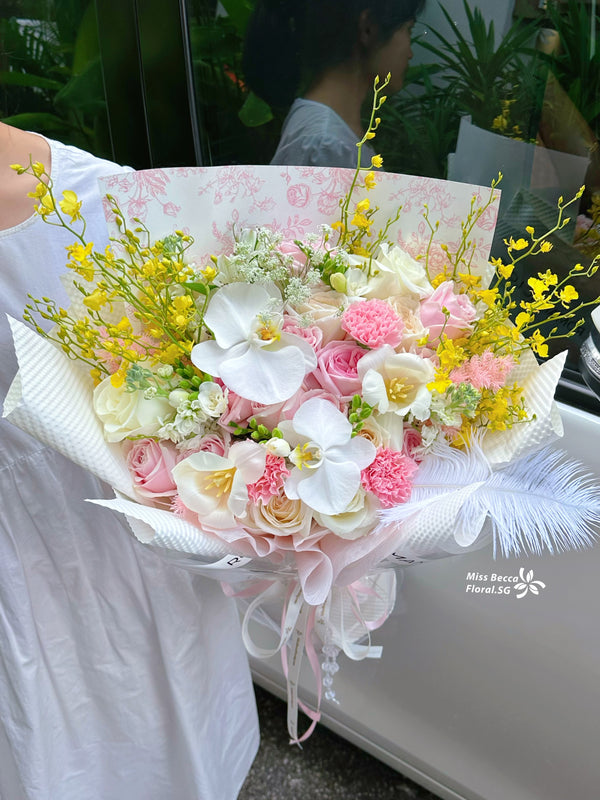 Korea style Mixed bouquet of white lychees and dancing orchids fresh flower bouquet