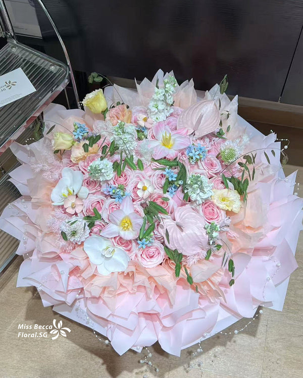 Korea style mix flower 66 stalks pink flower bouquet fresh flower bouquet