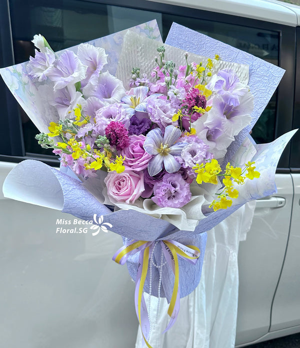 Korea style Lsize purple and yellow theme fresh flower bouquet