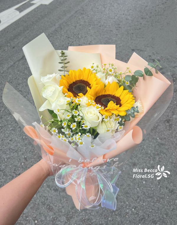 korea style sunflower white rose bouquet fresh flower bouquet