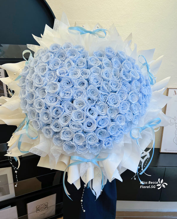 Korea style preserved rose Flower Bouquet love shape 99 stalks blue