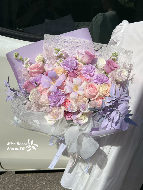 Korea style purple flower mix flower bouquet rose with tulip fresh flower bouquet