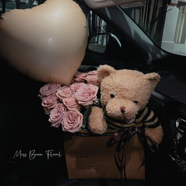 Cappuccino Rose Flower Box With Balloon And Bear