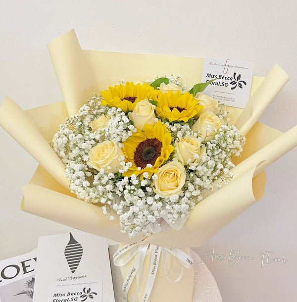 Sunflower Champagne  mix Rose Baby's Breath Flower Bouquet