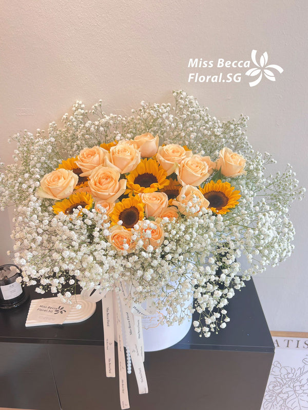 Sunflower Champagne mix  Rose Gypsophila Basket TABLE FLOWER