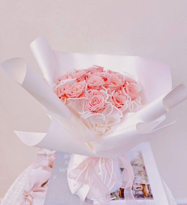 Sakura Pink Preserved Flower Rose Bouquet-15stalks