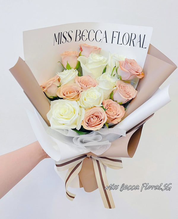 Cappuccino Roses Mix White Rose Fresh Flower Bouquet--19 stalks