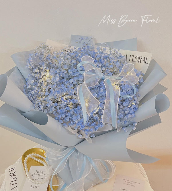 Ice Blue Baby Breath Flower Bouquet With Fairy Lights